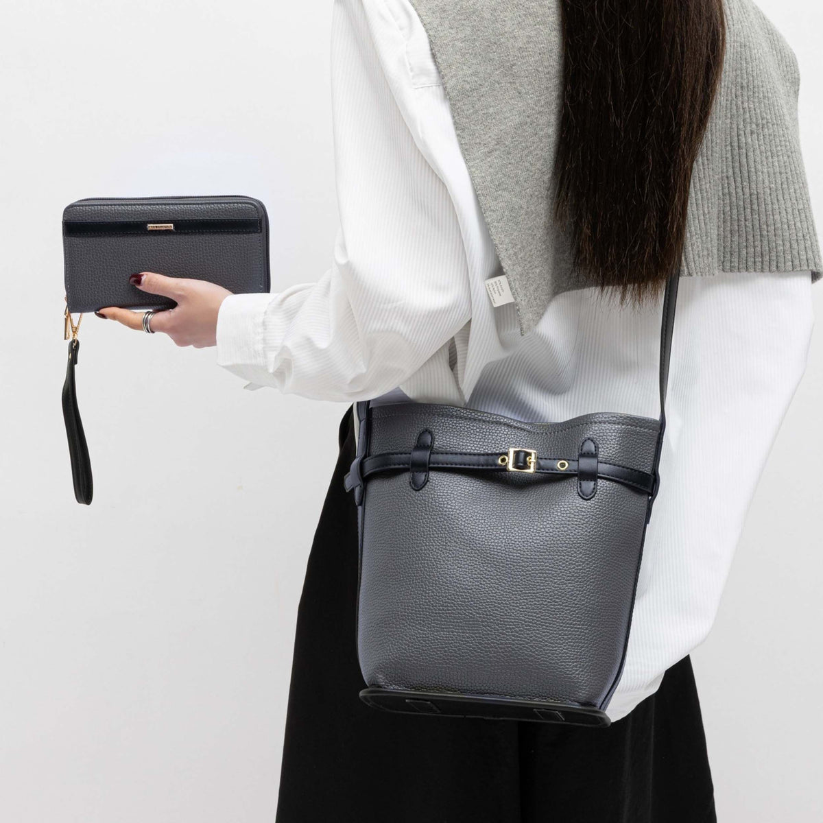 MKF Collection Odette 2-Piece Bucket Bag & Wallet - Charcoal