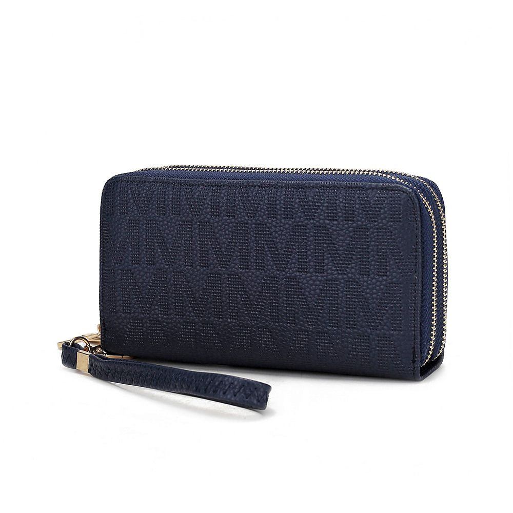 MKF Collection Lisbette Women's Embossed M Signature Zip-Around Wallet with Wristlet Strap, Faux Leather Card Organizer - Nav