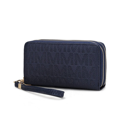 MKF Collection Lisbette Women's Embossed M Signature Zip-Around Wallet with Wristlet Strap, Faux Leather Card Organizer - Nav