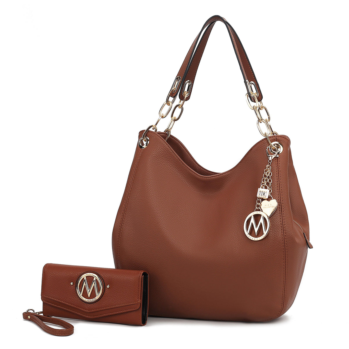MKF Collection Ashley Women's Hobo Shoulder Bag with Matching Wallet, Vegan Leather Tote Purse, 2-Piece Handbag Set - Cognac 