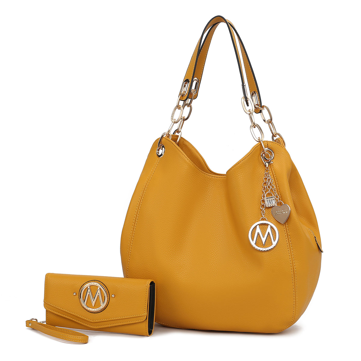 MKF Collection Ashley Women's Hobo Shoulder Bag with Matching Wallet, Vegan Leather Tote Purse, 2-Piece Handbag Set - Mustard
