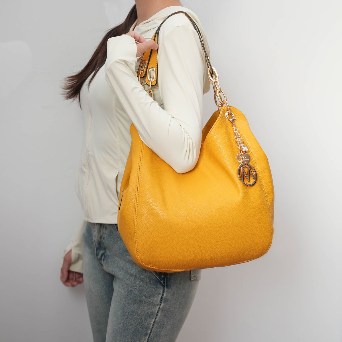 MKF Collection Ashley Women's Hobo Shoulder Bag with Matching Wallet, Vegan Leather Tote Purse, 2-Piece Handbag Set - Mustard