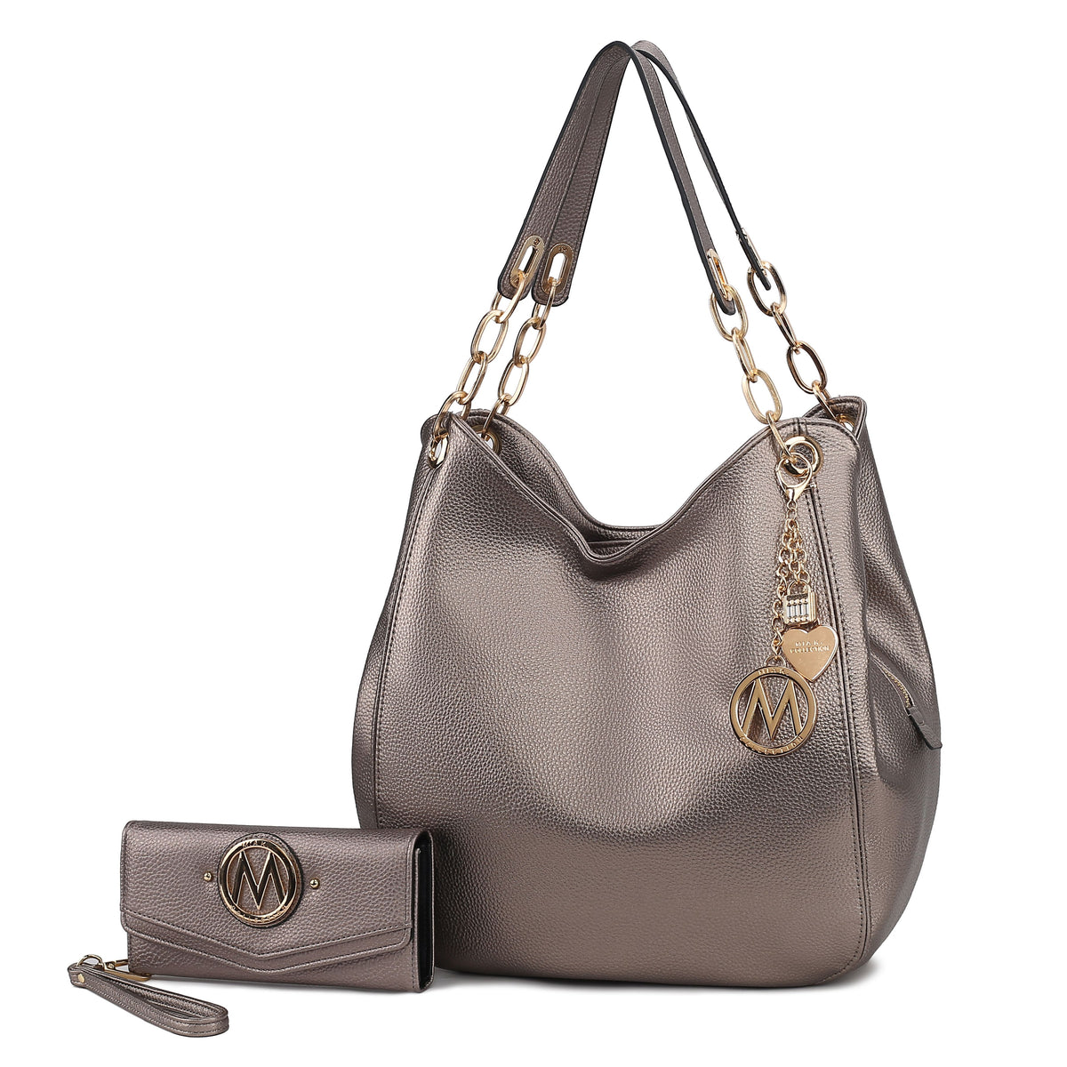 MKF Collection Ashley Women's Hobo Shoulder Bag with Matching Wallet, Vegan Leather Tote Purse, 2-Piece Handbag Set - Pewter