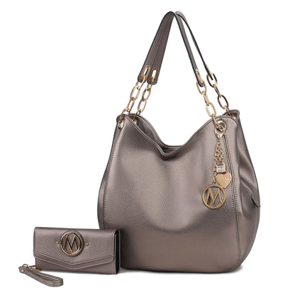 MKF Collection Ashley Women's Hobo Shoulder Bag with Matching Wallet, Vegan Leather Tote Purse, 2-Piece Handbag Set - Pewter