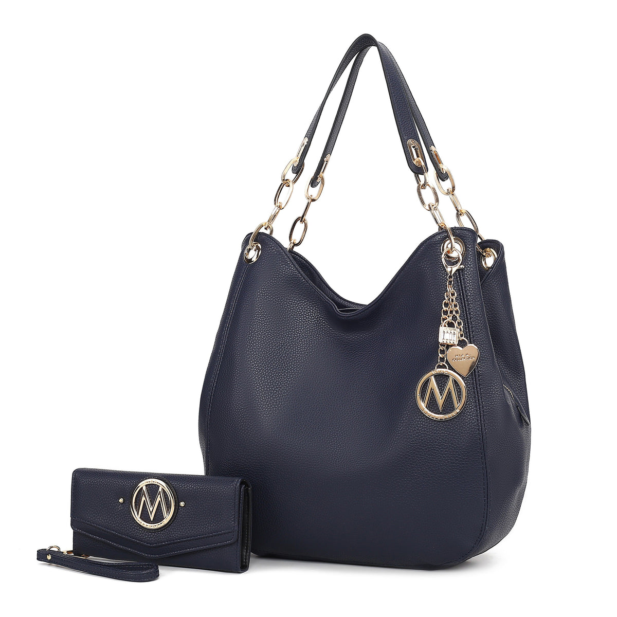 MKF Collection Ashley Women's Hobo Shoulder Bag with Matching Wallet, Vegan Leather Tote Purse, 2-Piece Handbag Set - Navy
