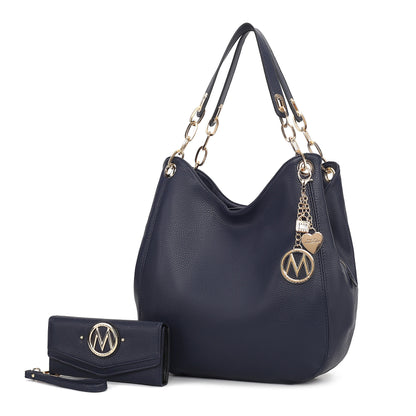 MKF Collection Ashley Women's Hobo Shoulder Bag with Matching Wallet, Vegan Leather Tote Purse, 2-Piece Handbag Set - Navy