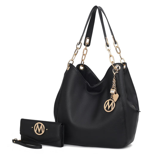 MKF Collection Ashley Women's Hobo Shoulder Bag with Matching Wallet, Vegan Leather Tote Purse, 2-Piece Handbag Set - Black