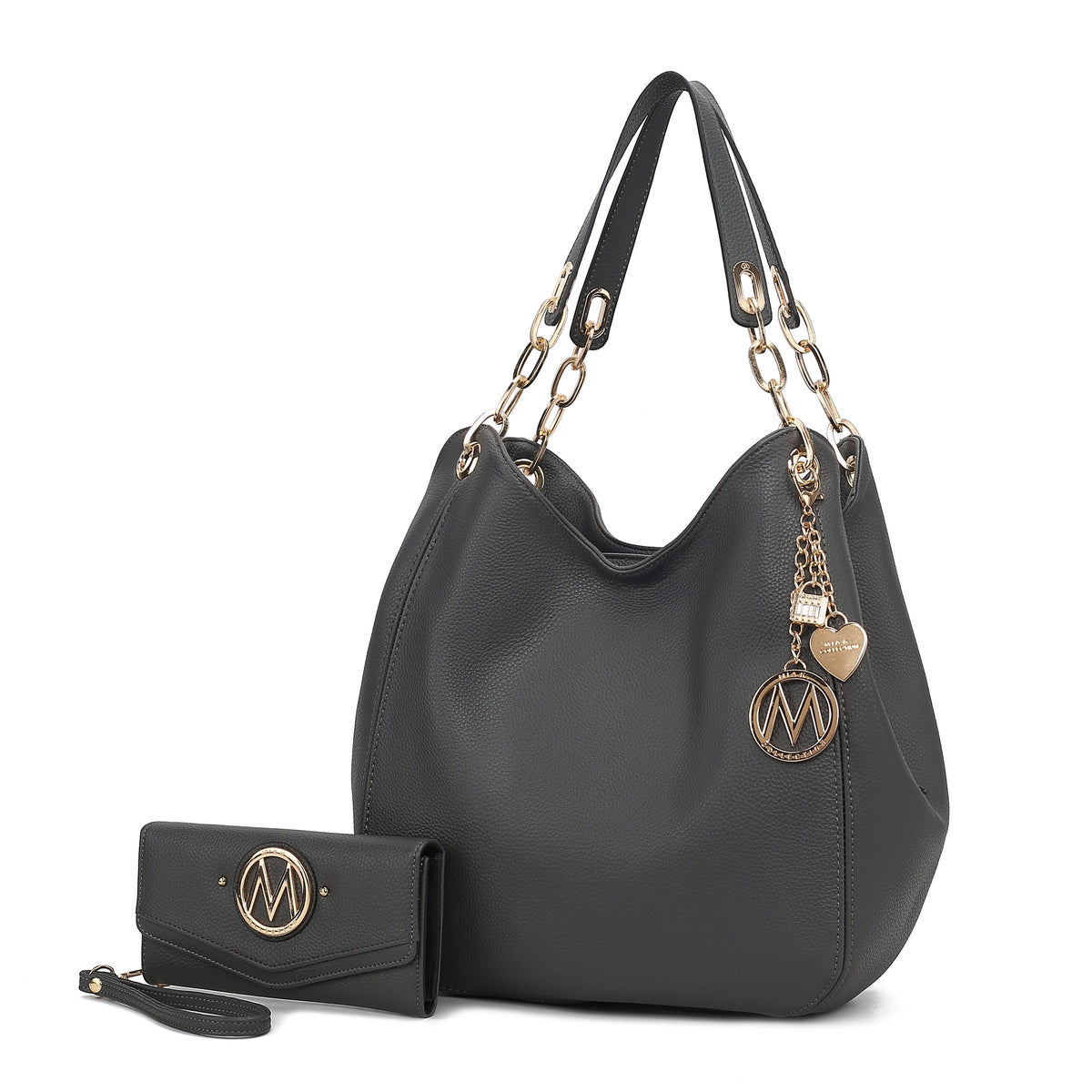 MKF Collection Ashley Women's Hobo Shoulder Bag with Matching Wallet, Vegan Leather Tote Purse, 2-Piece Handbag Set - Charcoa