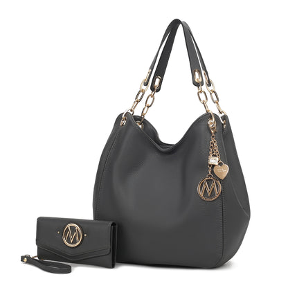 MKF Collection Ashley Women's Hobo Shoulder Bag with Matching Wallet, Vegan Leather Tote Purse, 2-Piece Handbag Set - Charcoa