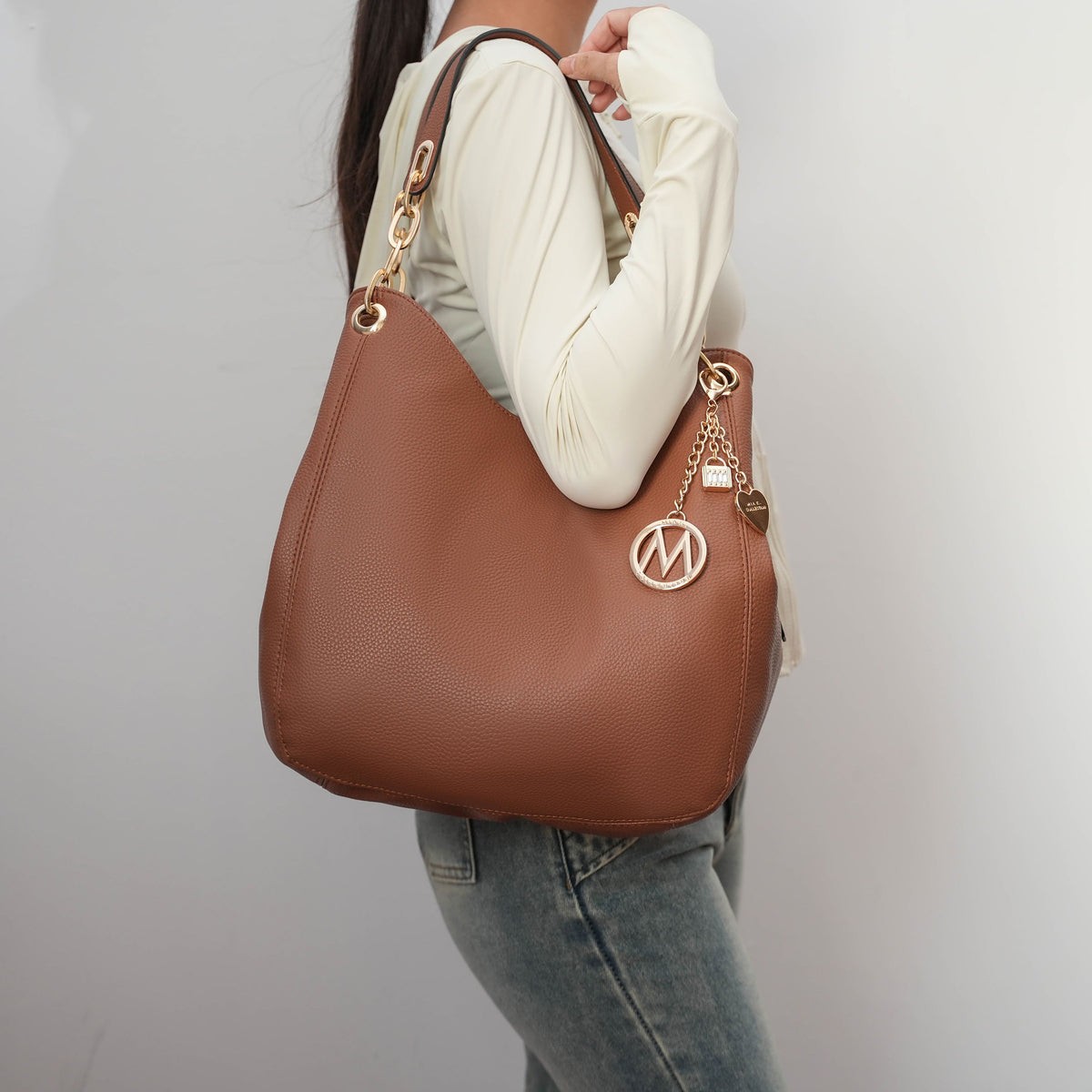 MKF Collection Ashley Women's Hobo Shoulder Bag with Matching Wallet, Vegan Leather Tote Purse, 2-Piece Handbag Set - Charcoa