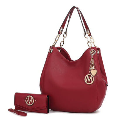 MKF Collection Ashley Women's Hobo Shoulder Bag with Matching Wallet, Vegan Leather Tote Purse, 2-Piece Handbag Set - Red
