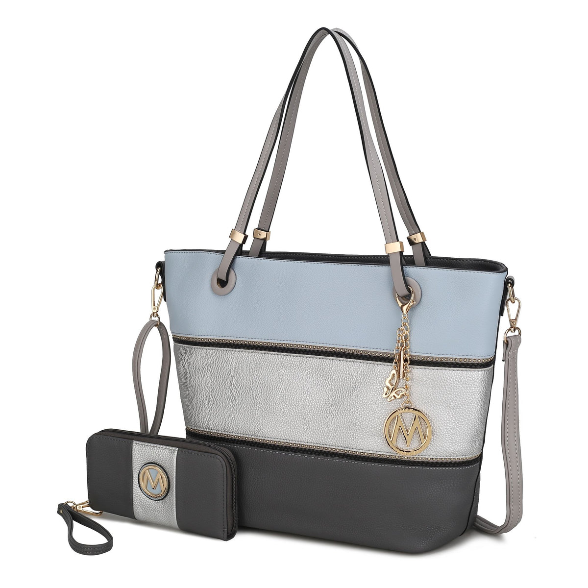 MKF Collection Vallie Color-Block Vegan Leather Women Tote Bag with Matching Wallet - Charcoal-Pewter-Denim