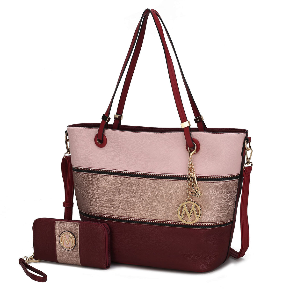 MKF Collection Vallie Color-Block Vegan Leather Women Tote Bag with Matching Wallet - Burg-Rose Gold-Pink