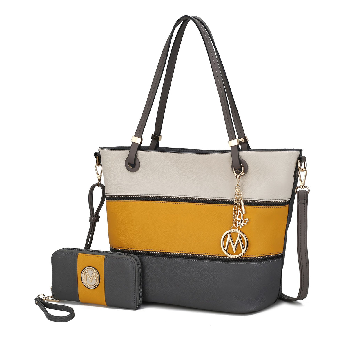 MKF Collection Vallie Color-Block Vegan Leather Women Tote Bag with Matching Wallet - Ivory-Yellow-Charcoal