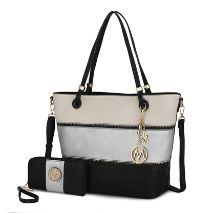 MKF Collection Vallie Color-Block Vegan Leather Women Tote Bag with Matching Wallet - Black-Silver-Ivory