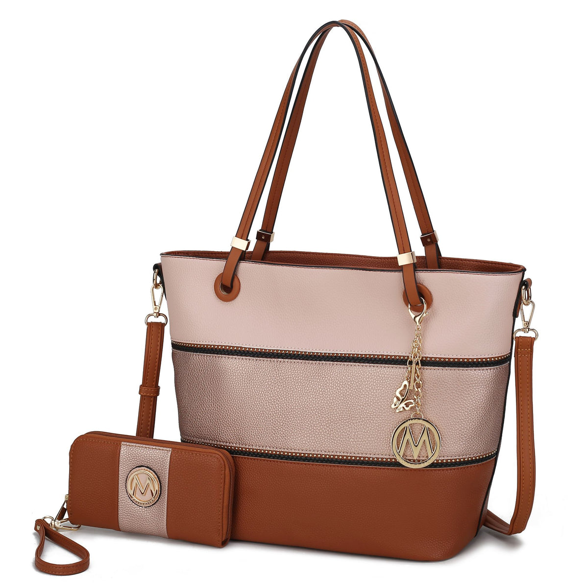 MKF Collection Vallie Color-Block Vegan Leather Women Tote Bag with Matching Wallet - Cognac-Rose Gold-Blush