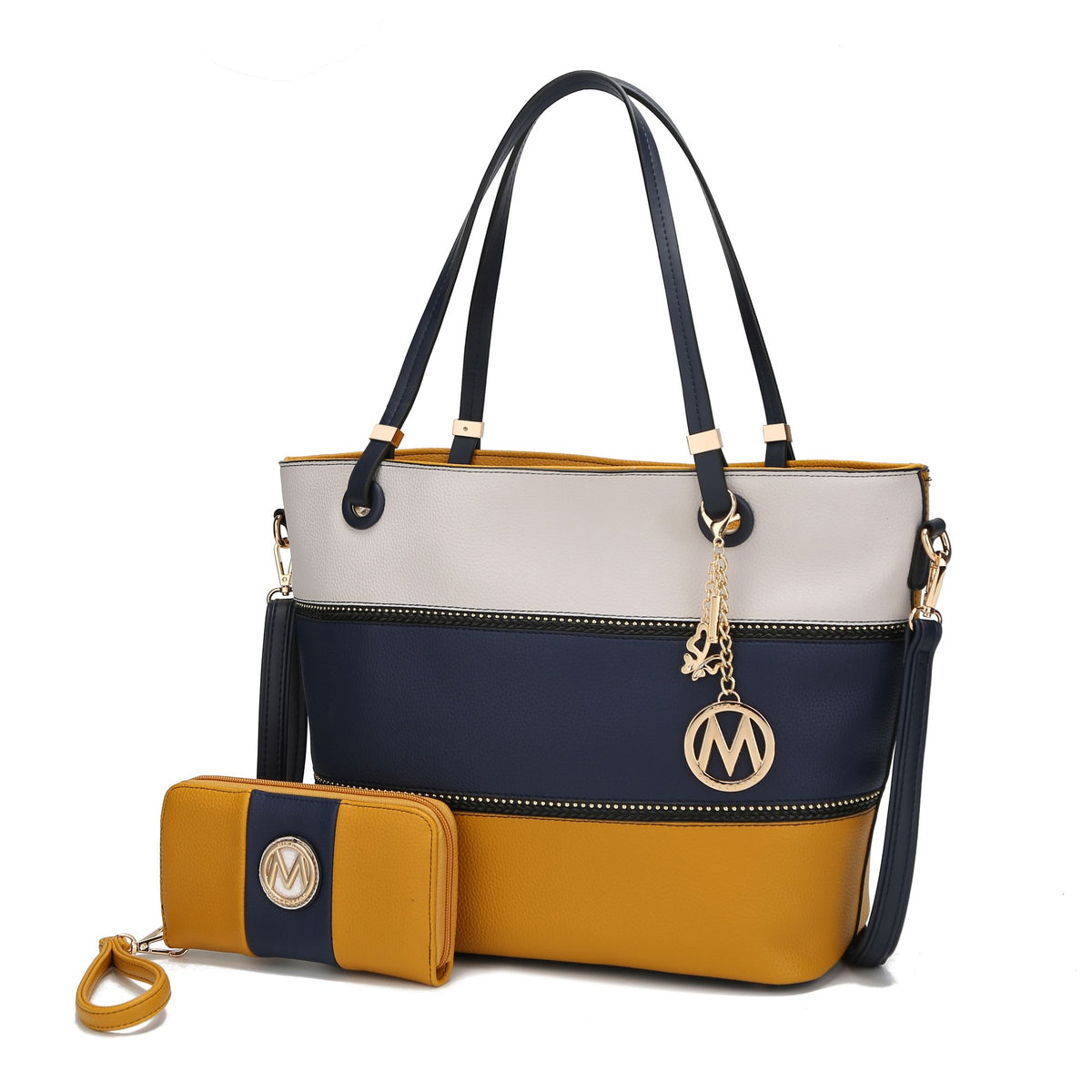 MKF Collection Vallie Color-Block Vegan Leather Women Tote Bag with Matching Wallet - Mustard-Navy-Ivory