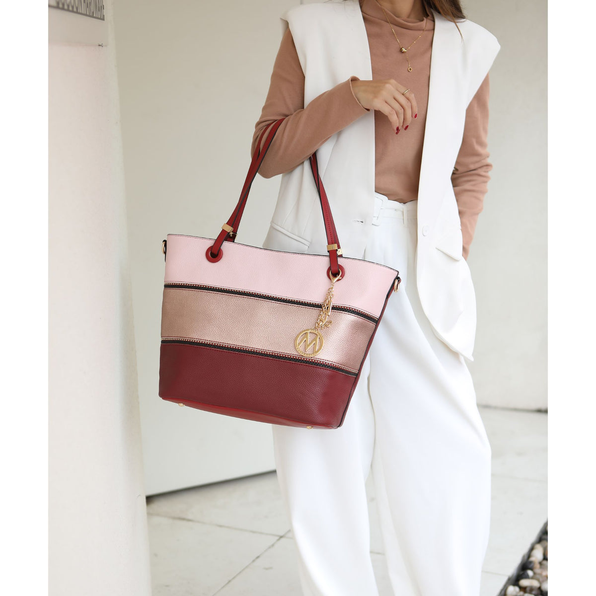MKF Collection Vallie Color-Block Vegan Leather Women Tote Bag with Matching Wallet - Black-Cognac-Beige