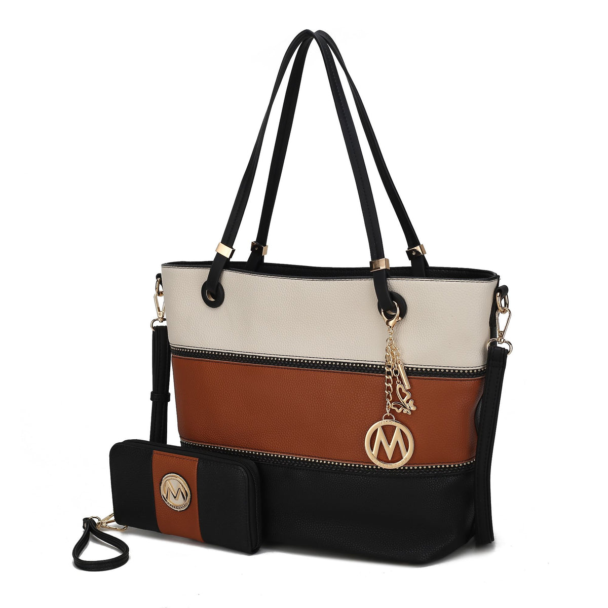 MKF Collection Vallie Color-Block Vegan Leather Women Tote Bag with Matching Wallet - Black-Cognac-Beige