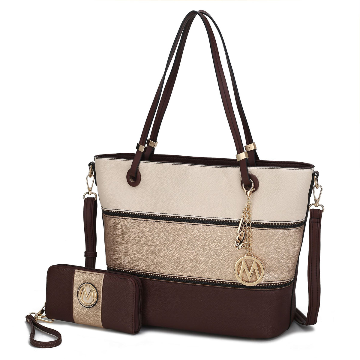 MKF Collection Vallie Color-Block Vegan Leather Women Tote Bag with Matching Wallet - Beige-Gold-Coffee
