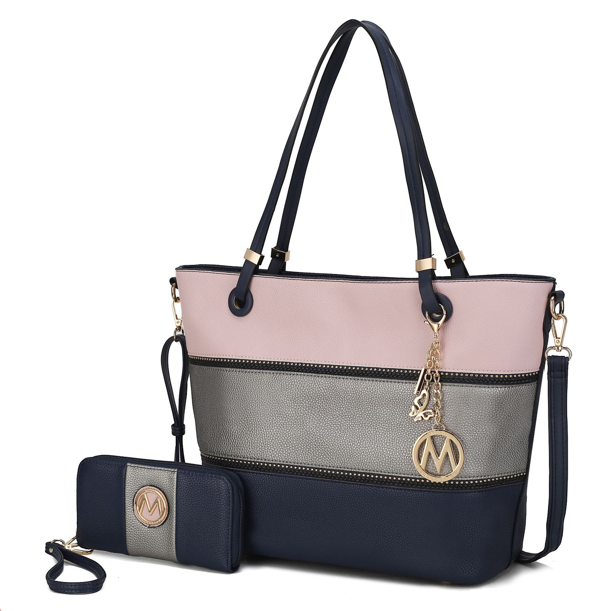 MKF Collection Vallie Color-Block Vegan Leather Women Tote Bag with Matching Wallet - Blush-Pewter