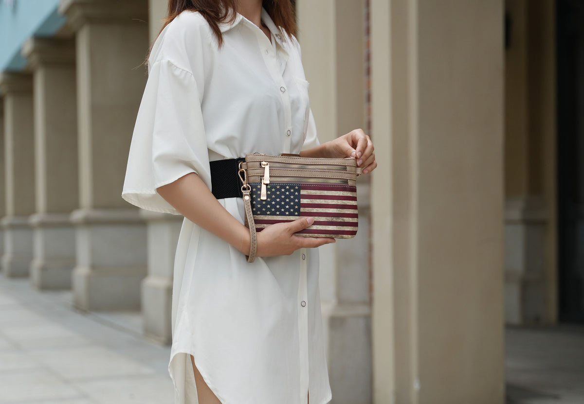 MKF Collection Alisson Women's Vegan Leather Flag Crossbody Wristlet Bag, Shoulder Purse, Small Handbag, Adjustable Strap, Fa