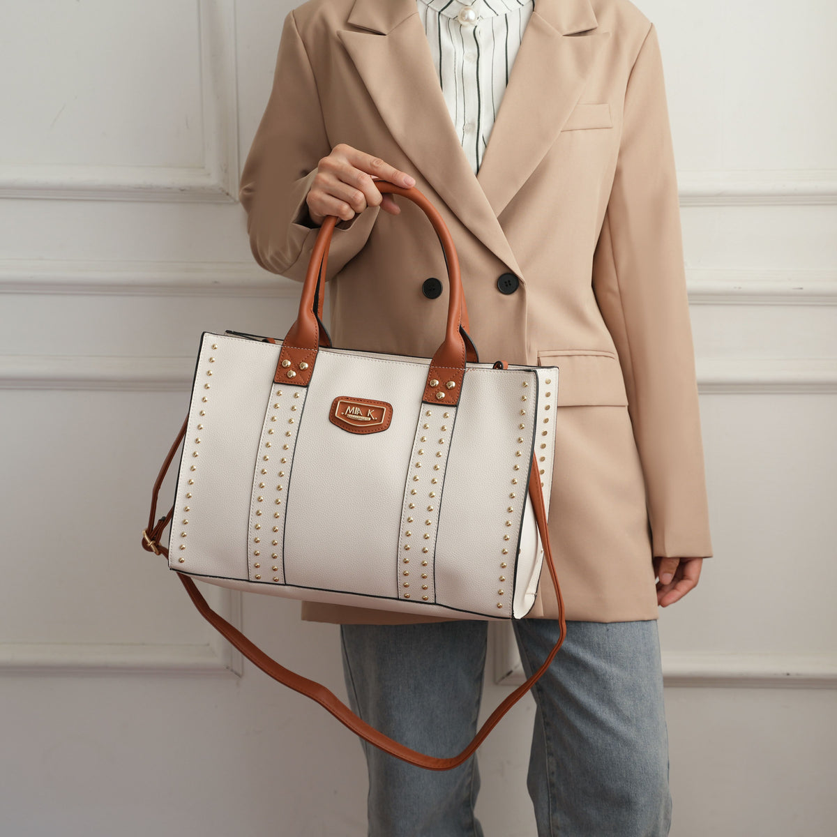 MKF Collection Davina Tote Handbag with wallet Vegan Leather Crossover Womens Purse - Beige