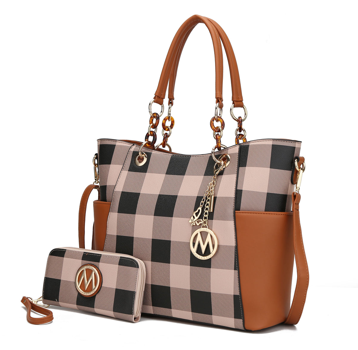 MKF Collection Bonita Checker Tote Handbag & Wallet Set Women - Cognac Brown
