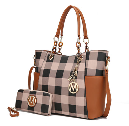 MKF Collection Bonita Checker Tote Handbag & Wallet Set Women - Cognac Brown