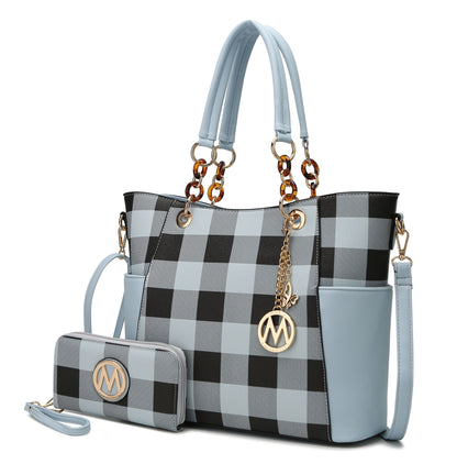 MKF Collection Bonita Checker Tote Handbag & Wallet Set Women - Lt Blue