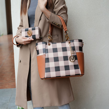 MKF Collection Bonita Checker Tote Handbag & Wallet Set Women - Mustard