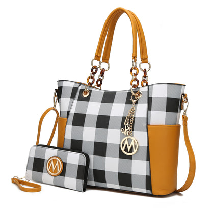 MKF Collection Bonita Checker Tote Handbag & Wallet Set Women - Mustard