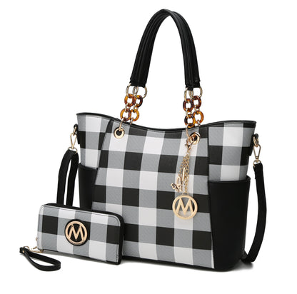 MKF Collection Bonita Checker Tote Handbag & Wallet Set Women - Black