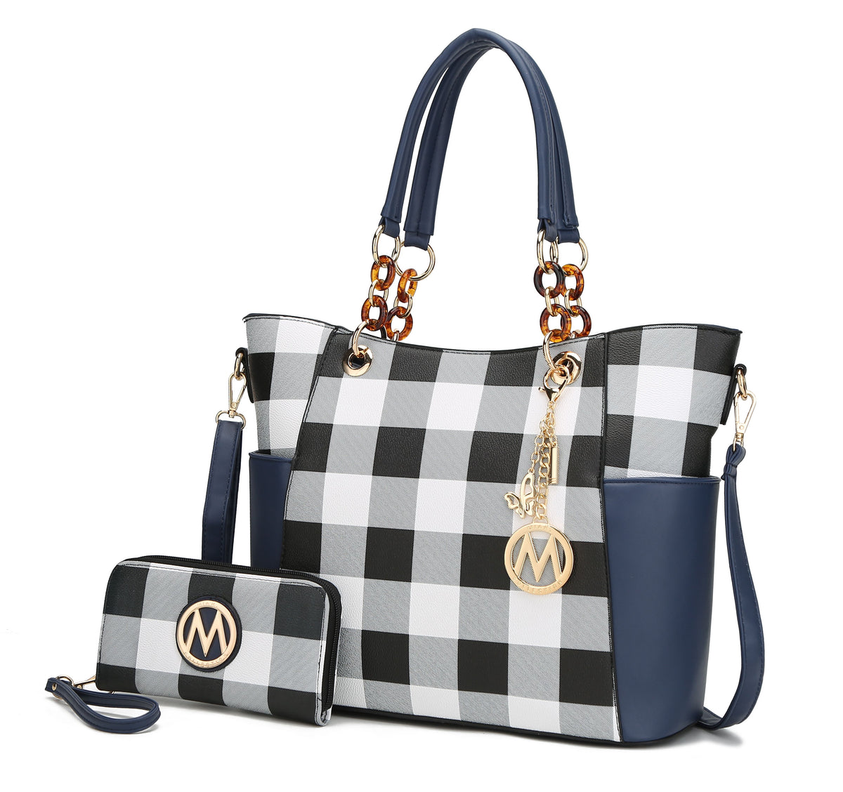MKF Collection Bonita Checker Tote Handbag & Wallet Set Women - Navy