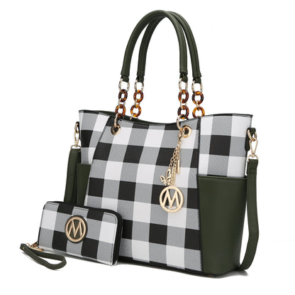 MKF Collection Bonita Checker Tote Handbag & Wallet Set Women - Olive