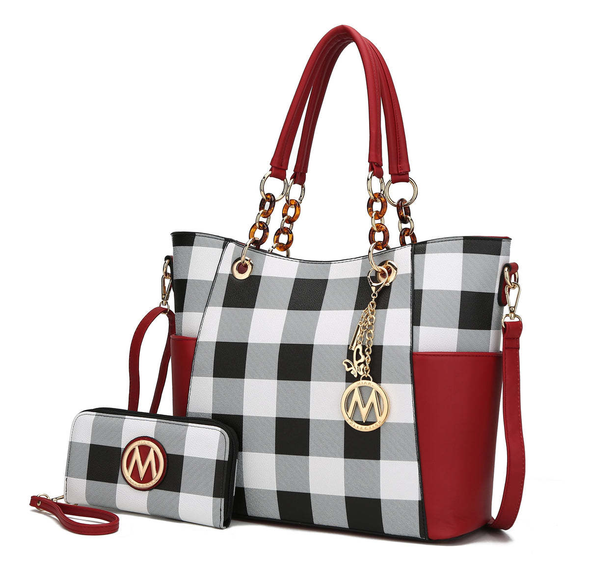 MKF Collection Bonita Checker Tote Handbag & Wallet Set Women - Red