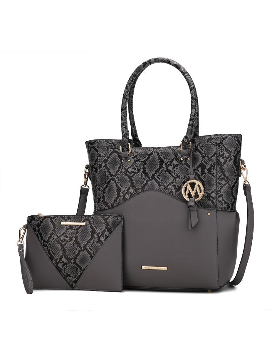 MKF Collection Iris Snake Embossed Vegan Leather Women Tote Bag with matching Wristlet Pouch - Charcoal