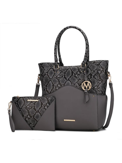 MKF Collection Iris Snake Embossed Vegan Leather Women Tote Bag with matching Wristlet Pouch - Charcoal