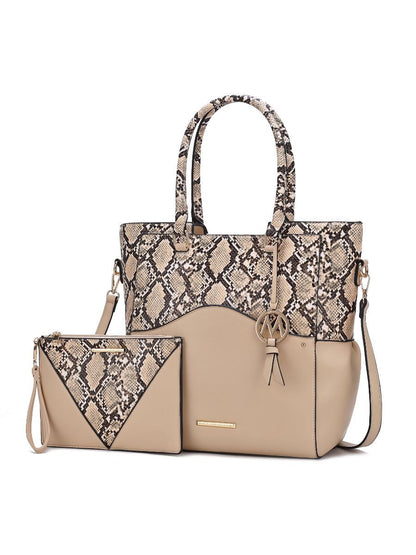 MKF Collection Iris Snake Embossed Vegan Leather Women Tote Bag with matching Wristlet Pouch - Beige