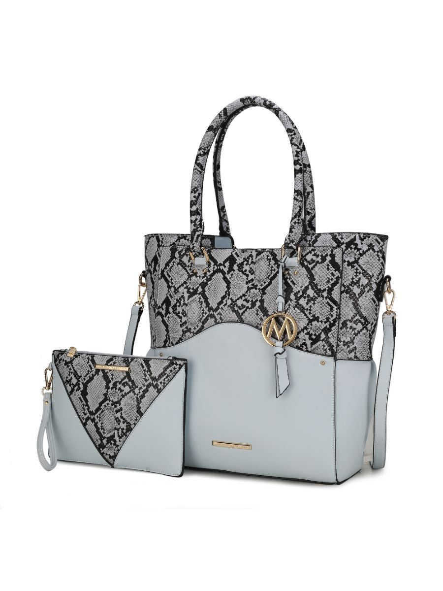 MKF Collection Iris Snake Embossed Vegan Leather Women Tote Bag with matching Wristlet Pouch - Baby Blue