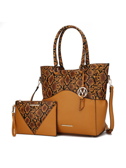 MKF Collection Iris Snake Embossed Vegan Leather Women Tote Bag with matching Wristlet Pouch - Mustard