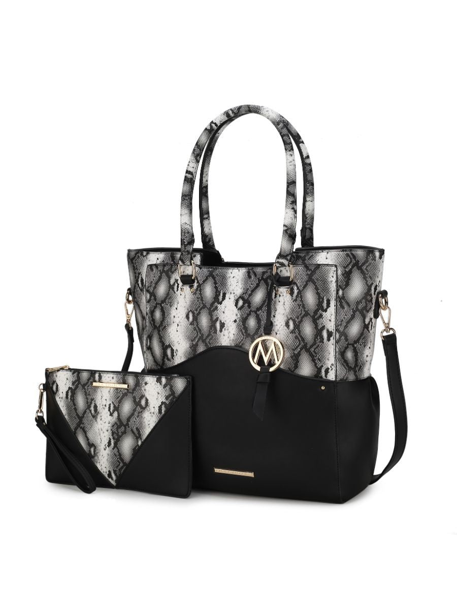 MKF Collection Iris Snake Embossed Vegan Leather Women Tote Bag with matching Wristlet Pouch - Black