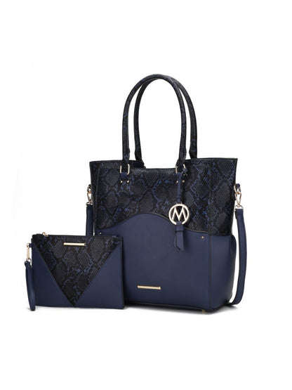 MKF Collection Iris Snake Embossed Vegan Leather Women Tote Bag with matching Wristlet Pouch - Navy