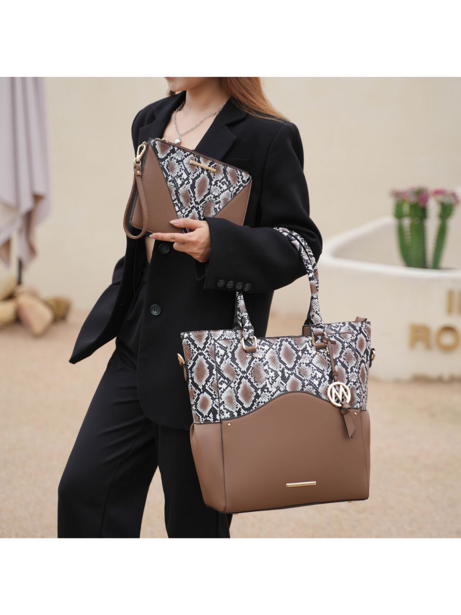 MKF Collection Iris Snake Embossed Vegan Leather Women Tote Bag with matching Wristlet Pouch - Fuchsia