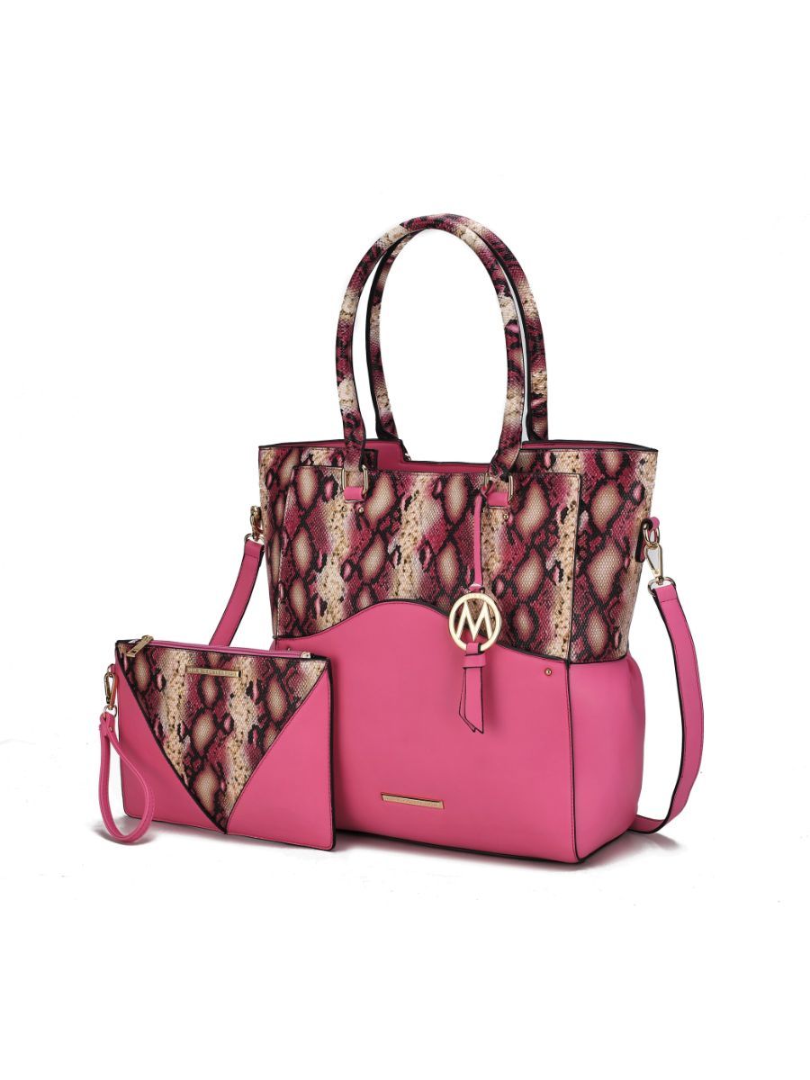 MKF Collection Iris Snake Embossed Vegan Leather Women Tote Bag with matching Wristlet Pouch - Fuchsia