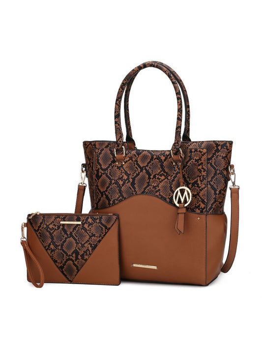 MKF Collection Iris Snake Embossed Vegan Leather Women Tote Bag with matching Wristlet Pouch - Cognac