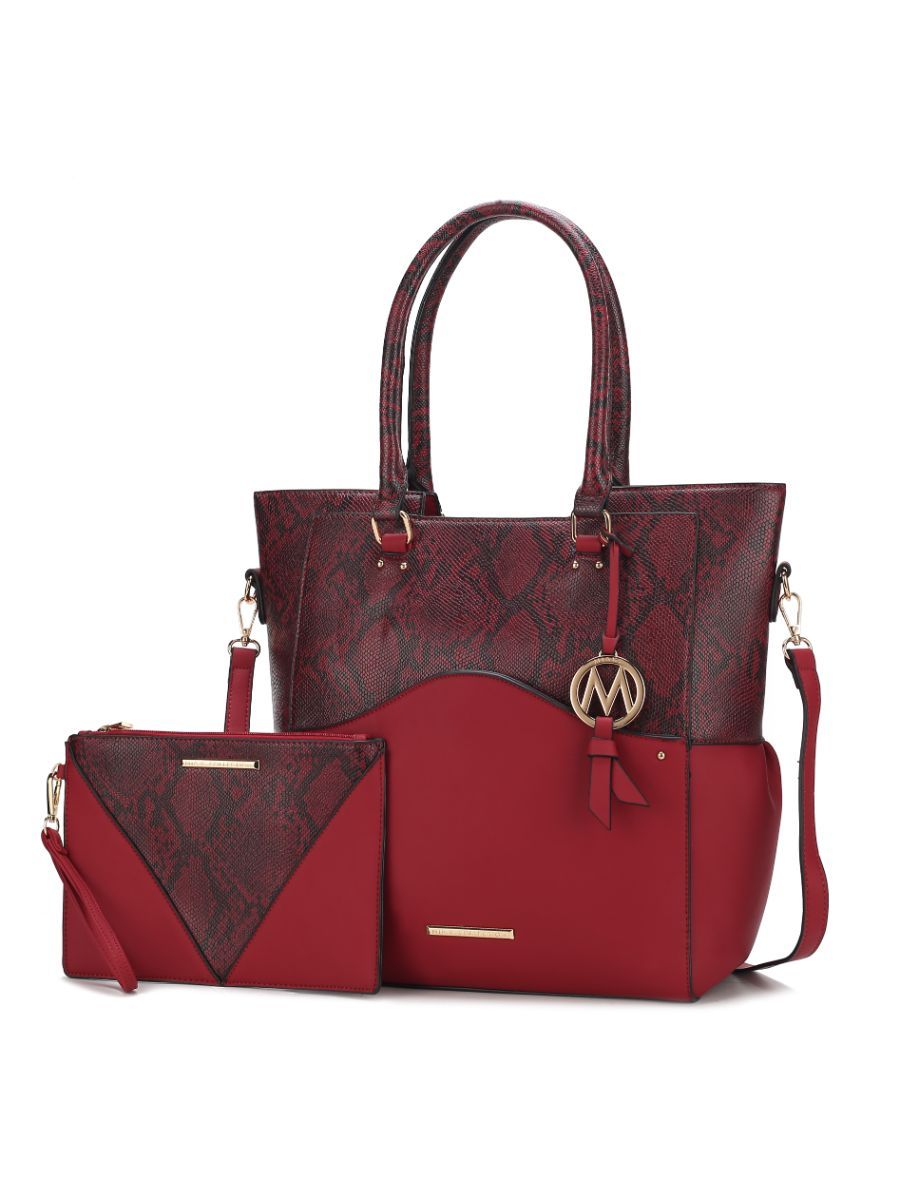 MKF Collection Iris Snake Embossed Vegan Leather Women Tote Bag with matching Wristlet Pouch - Red