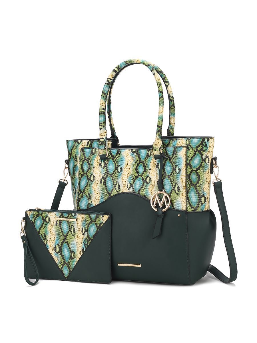 MKF Collection Iris Snake Embossed Vegan Leather Women Tote Bag with matching Wristlet Pouch - Forest Green