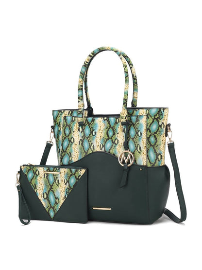 MKF Collection Iris Snake Embossed Vegan Leather Women Tote Bag with matching Wristlet Pouch - Forest Green