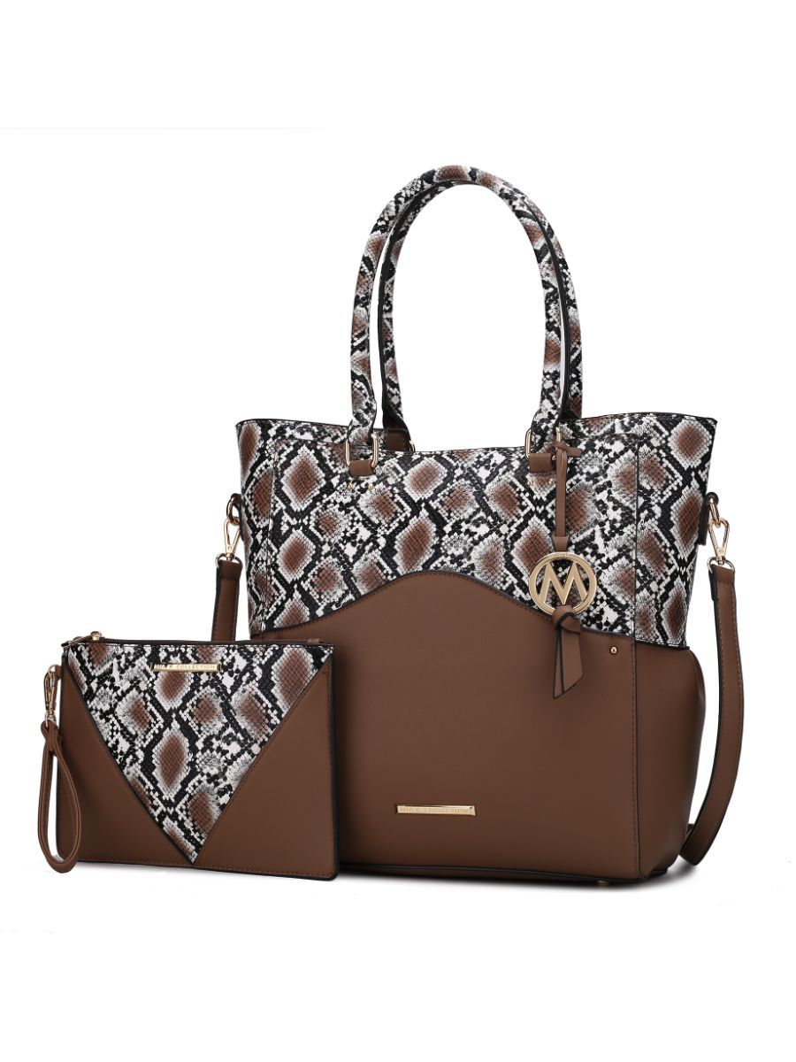 MKF Collection Iris Snake Embossed Vegan Leather Women Tote Bag with matching Wristlet Pouch - Khaki